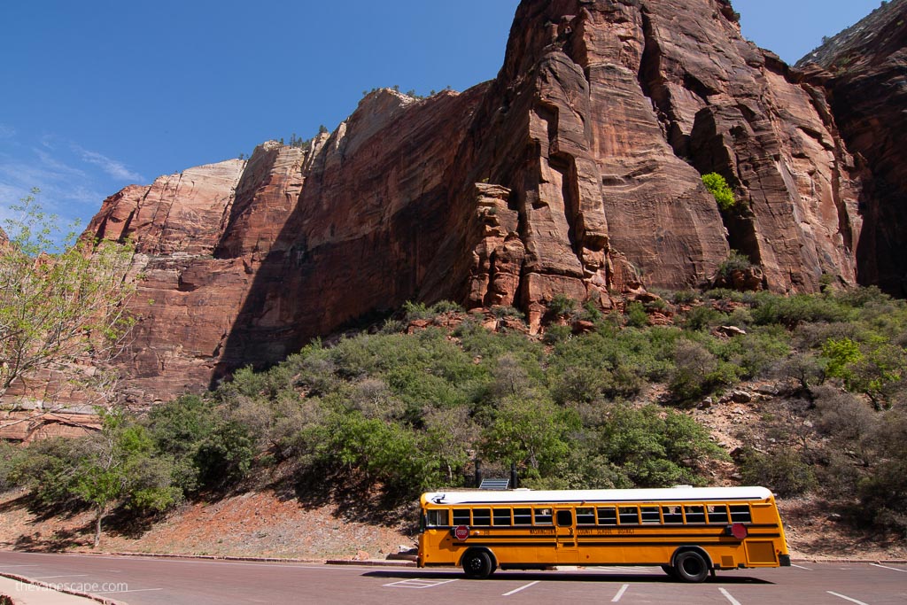 Scenic drive in yellow shuttle bus in Zion National Park.
