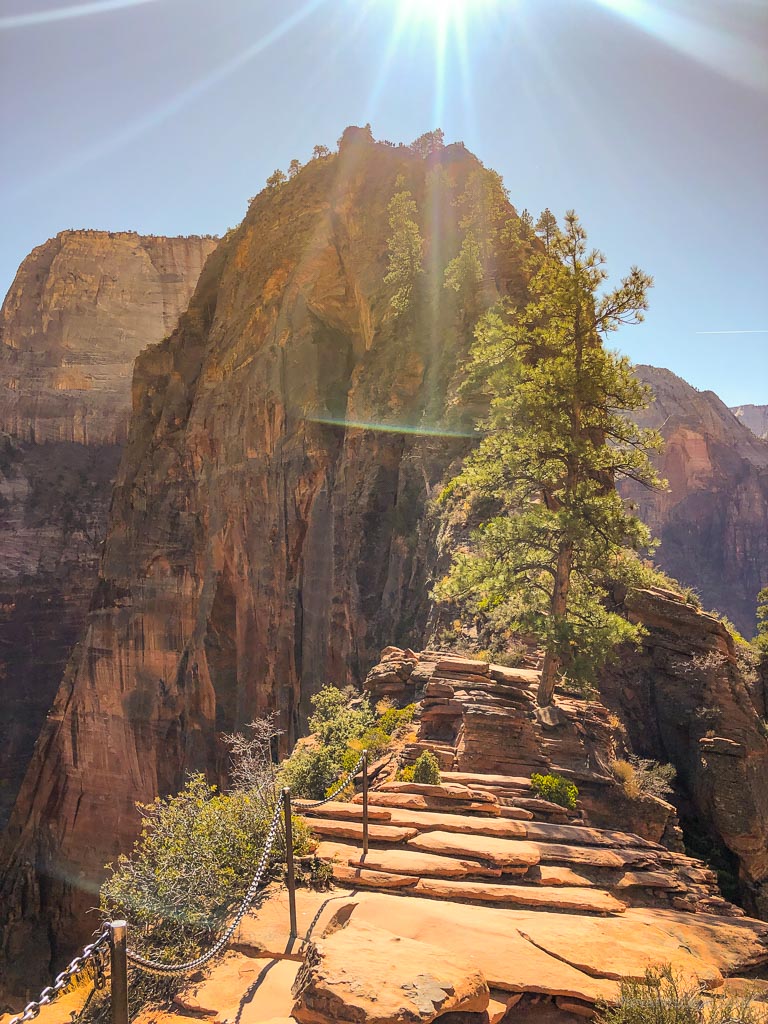 Angels Landing Hike in Zion: the view almost from the top - a very narrow path with abysses on both sides and chains to prevent falling