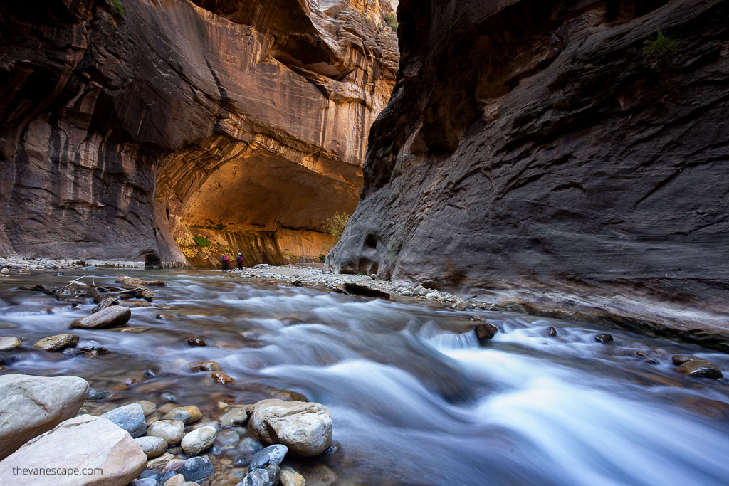 Water in the Narrows stream in zion national park.