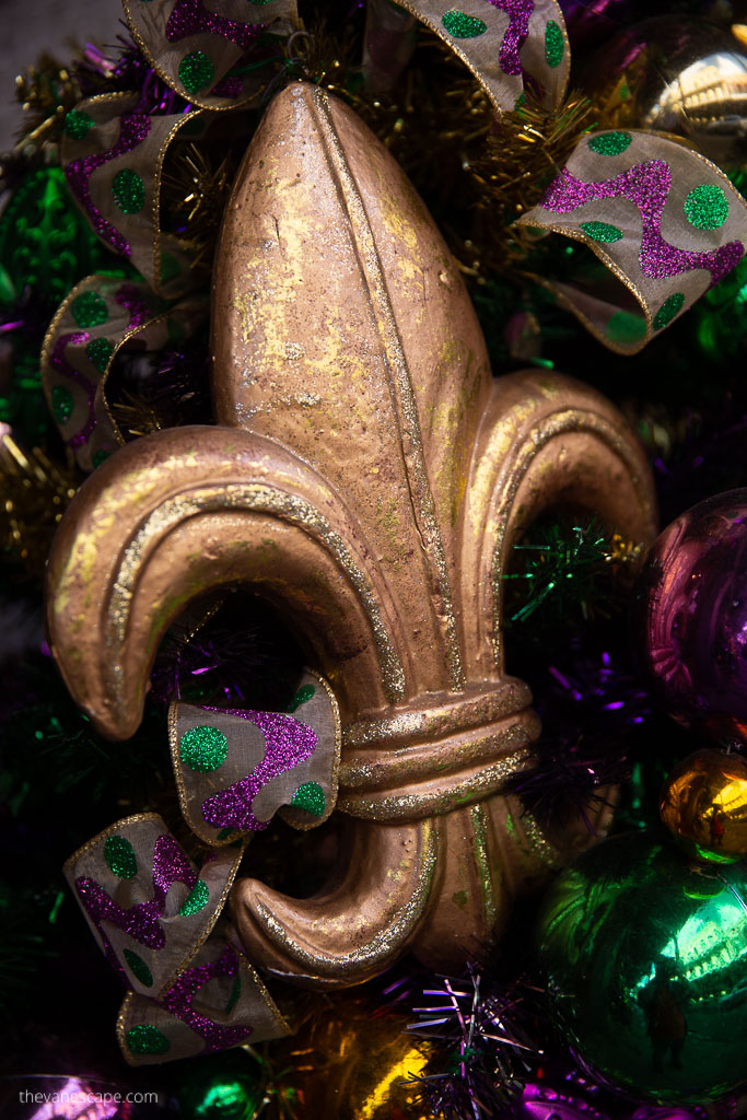 Mardi Gras decorations dominated by purple and yellow