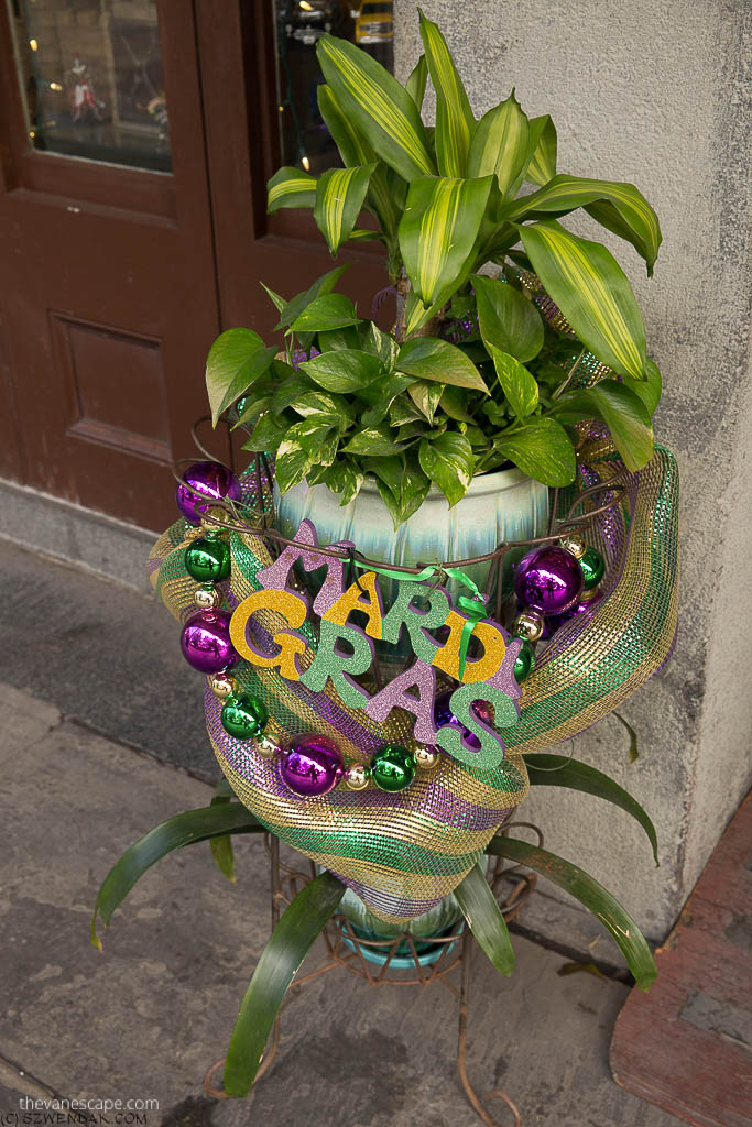 Mardi Gras decorations dominated by purple and yellow
