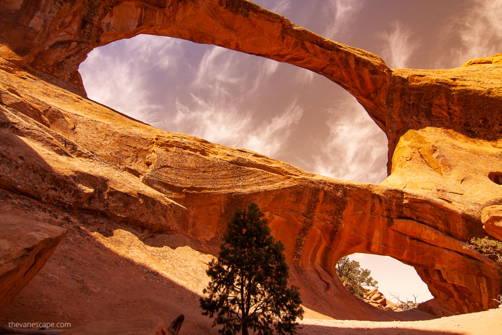 Double O Arch at Devils Garden in Arches National Park in Utah.
