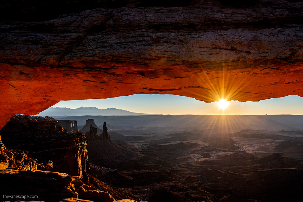Sunrise above Mesa Arch in Canyonlands.