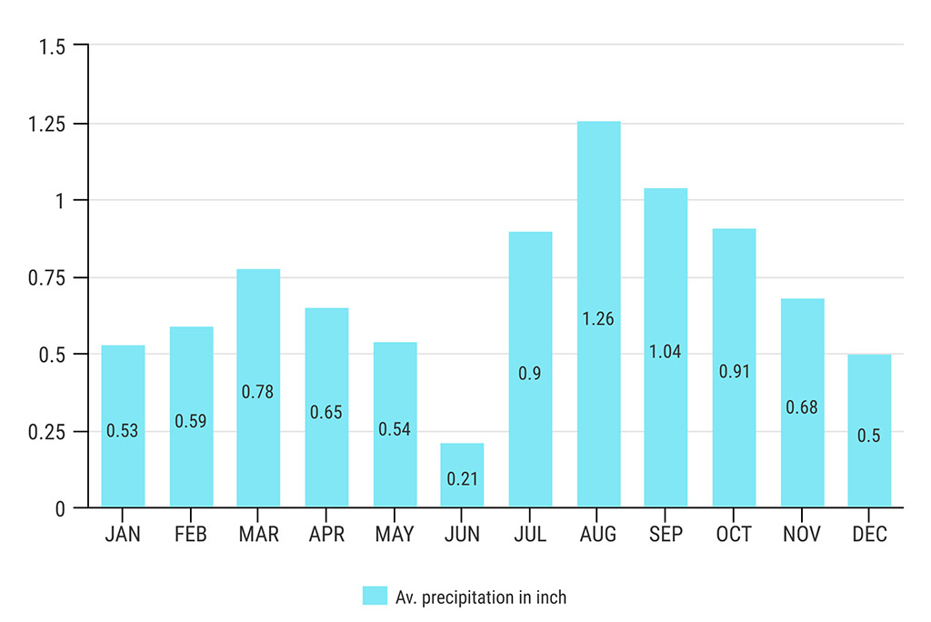 Chart with Bisti Badlands Weather - average percipitation month by month (in inch).