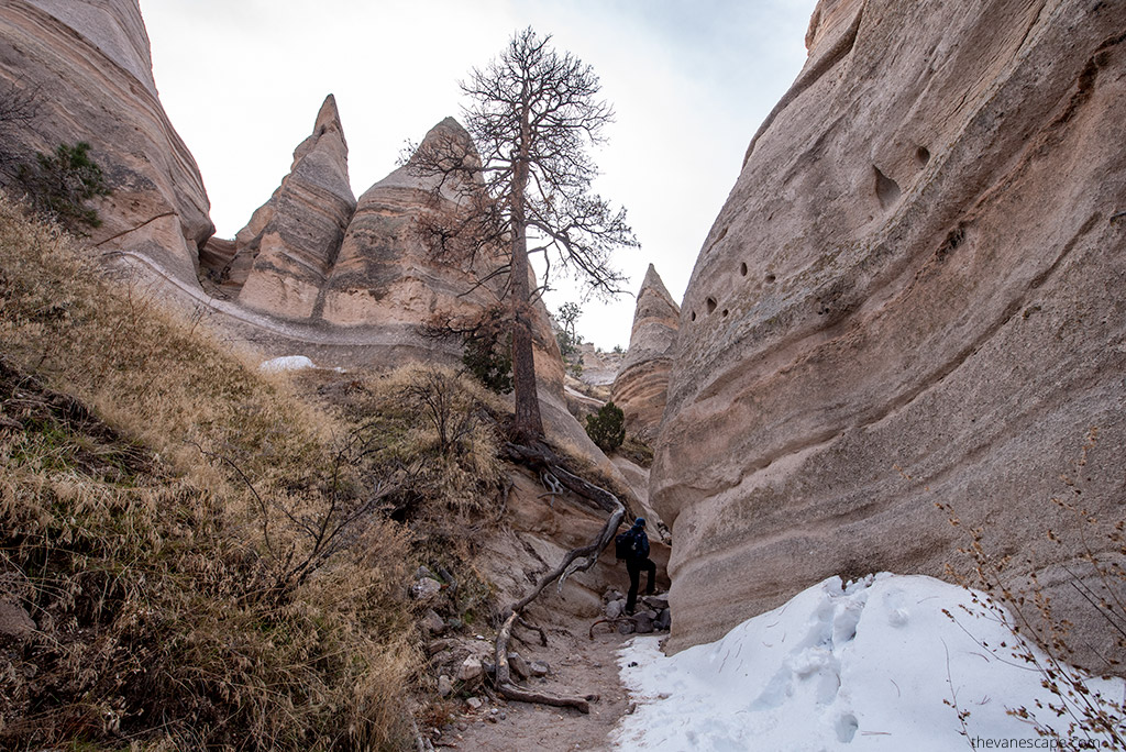 Chris is hiking in Kasha-Katuwe Tent Rocks National Monument between slot canyon walls.
