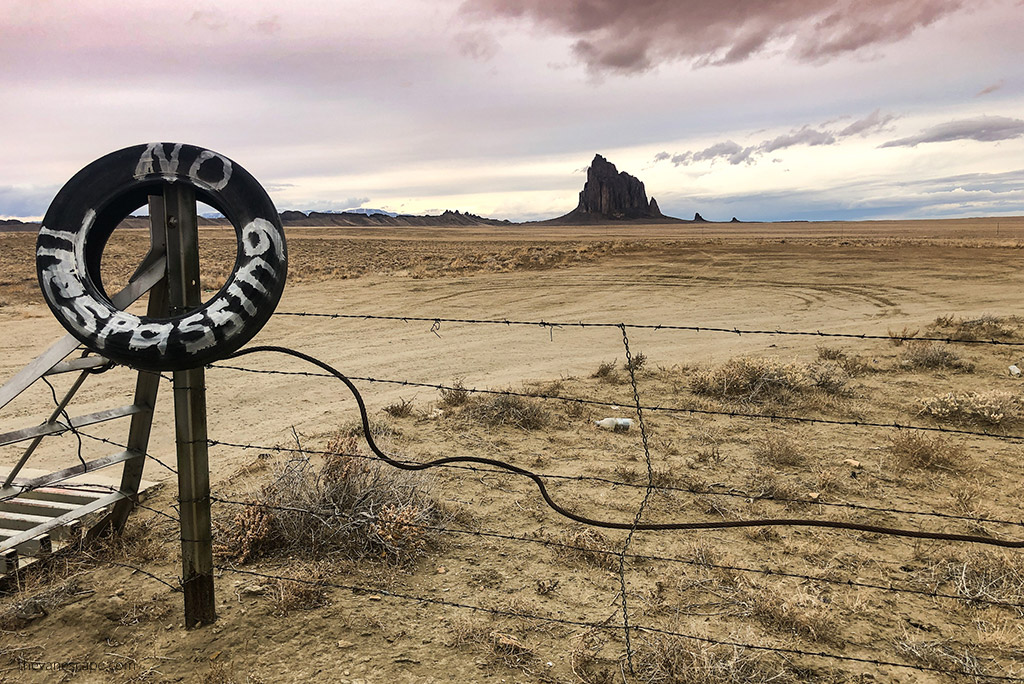 No trespassing sign on the entrrance gate to Shiprock.