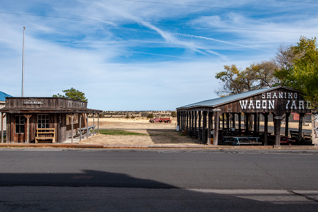 Shaniko Wagon Yard and old wooden buildlings.