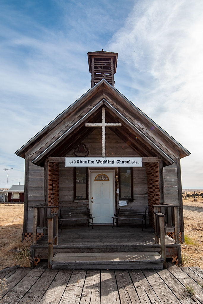 old wooden Shaniko Wedding Chapel.