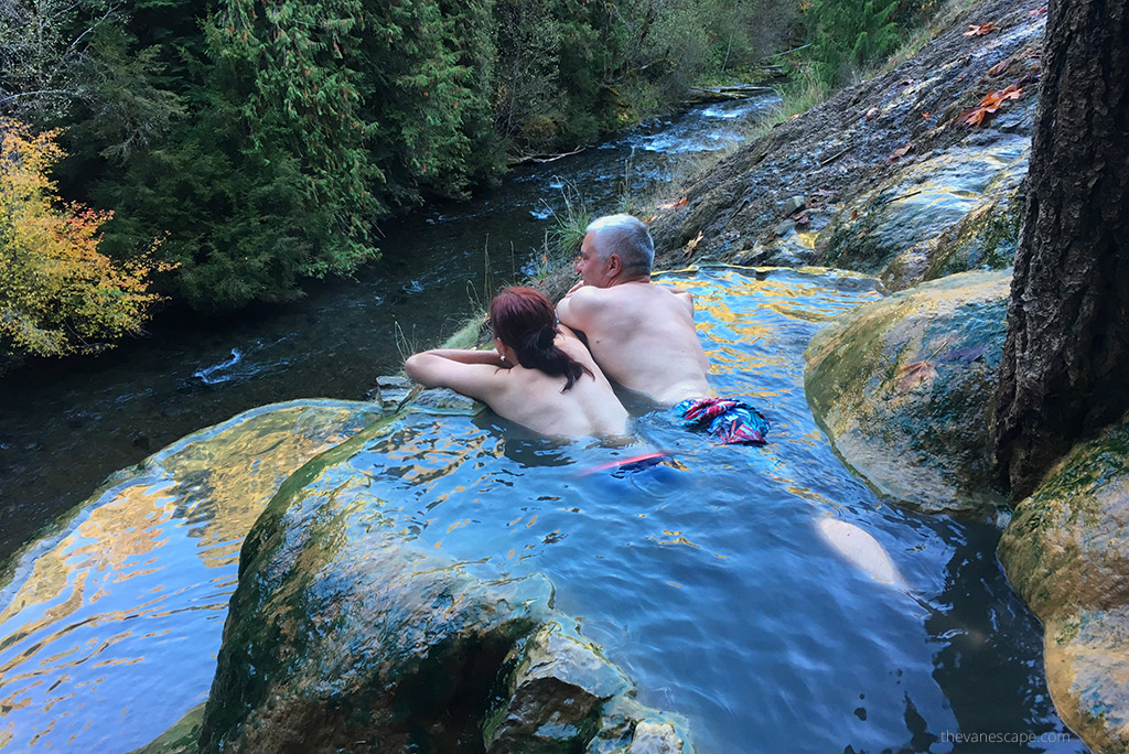 Agnes Stabinska, the author, and her partner Chris Labanowski, are soaking and relaxing in Umpqua Hot springs.