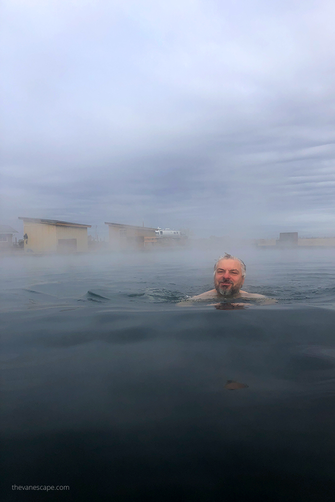 Chris Labanowski is swimming in the Hot Springs Pond.