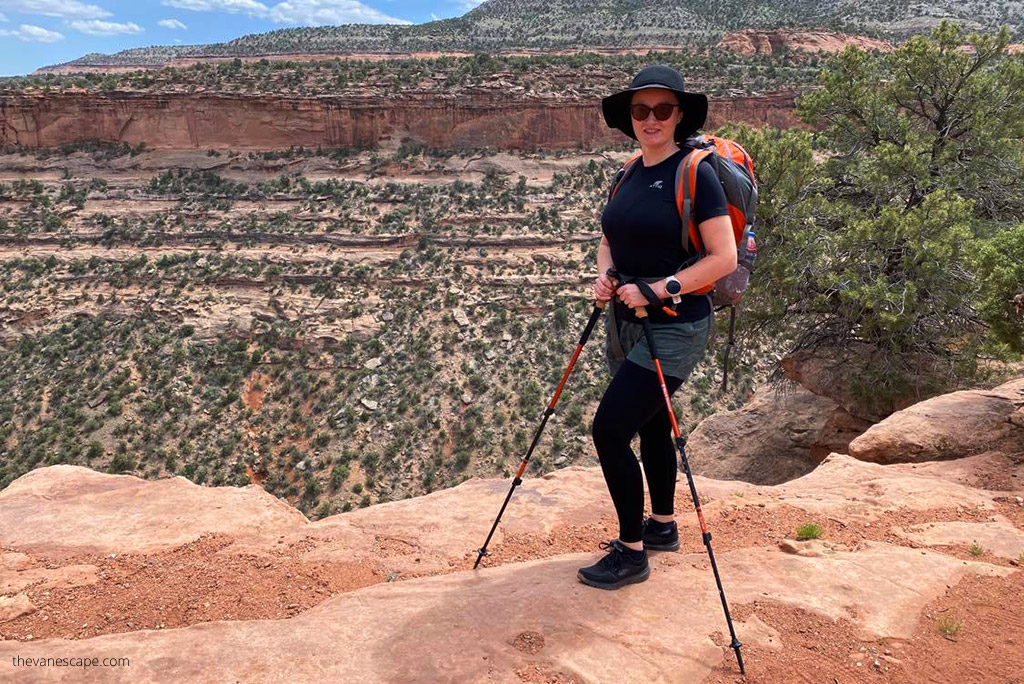Agnes Stabinska, the author, with trekking poles on the hiking trail in Colorado national monument.