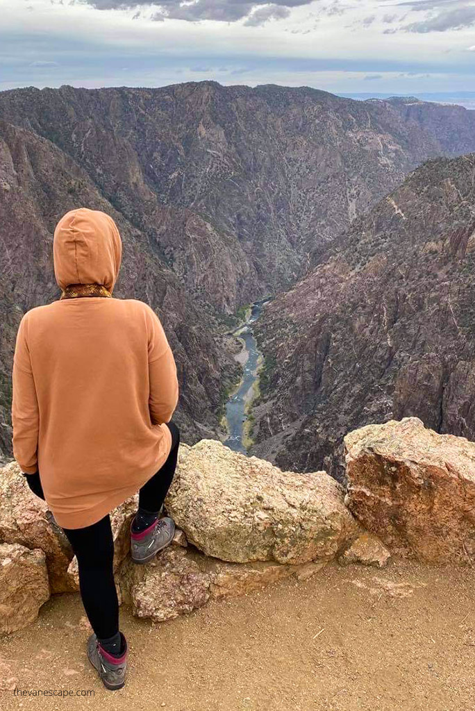 Agnes Stabinska, the author, in orange hoodie in Black Canyon of the Gunnison.