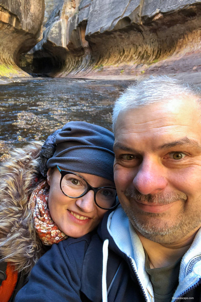 Agnes Stabinska, the author, with her partner Chris in Subway in Zion National Park.
