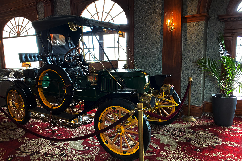 A historic old car that can be admired in the lobby of the Stanley Hotel in Estes Park.
