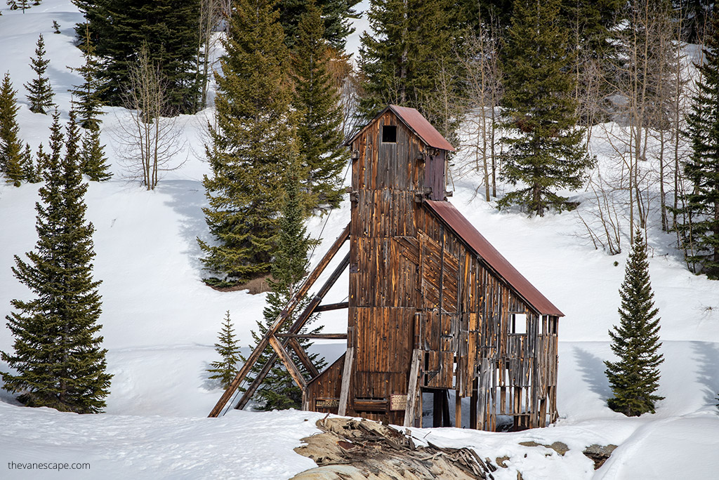 Old mining buildlings on the Million Dollar Highway in Colorado.