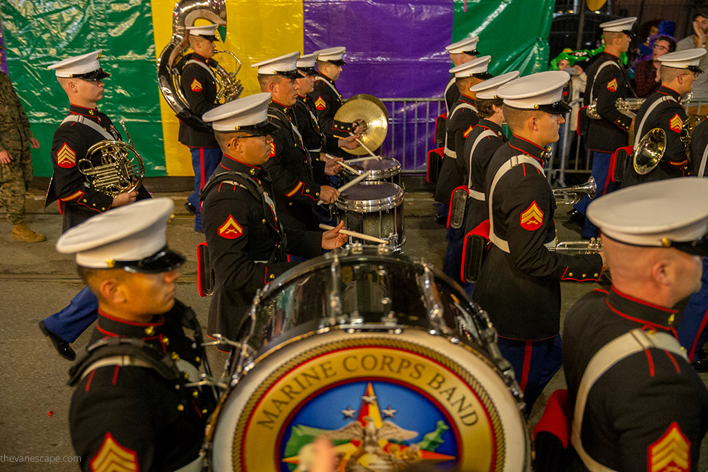 Marine Corps Band on streets of New Orleans during Mardi Gras.