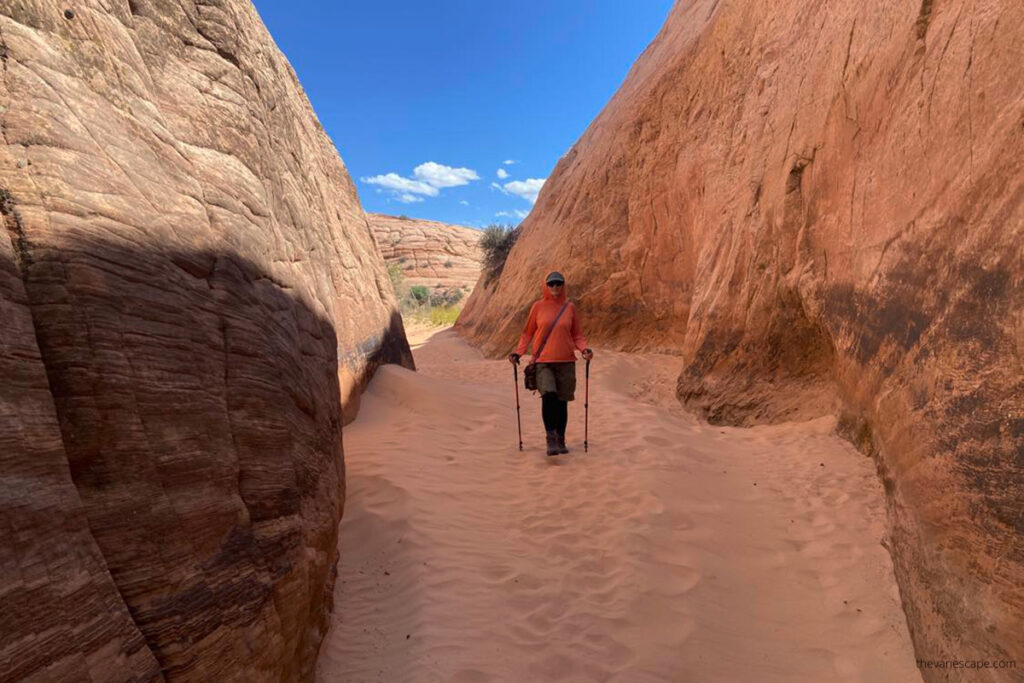 Agnes Stabinska, the author, is hiking to Zebra Slot Canyon in Utah.