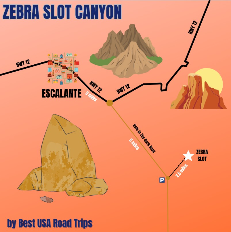 Infographic with a map to the Zebra Slot Canyon Trailhead.