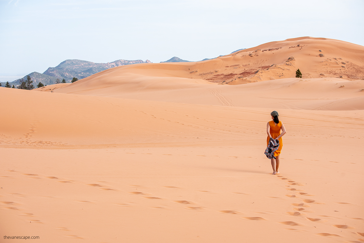 Agnes Stabinska, the author, is hiking in Coral Pink Sand Dunes State Park.