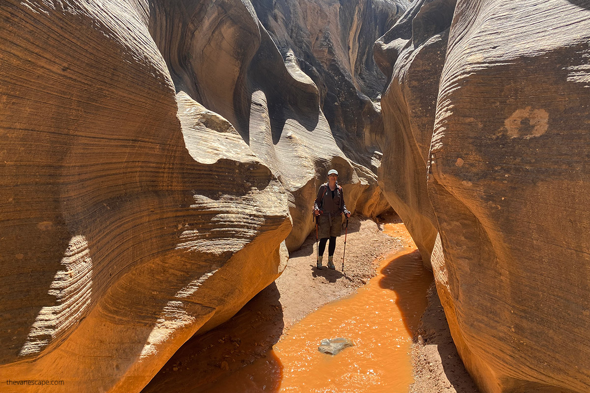 Agnes hiking among narrows and yellows walls of slot canyon.