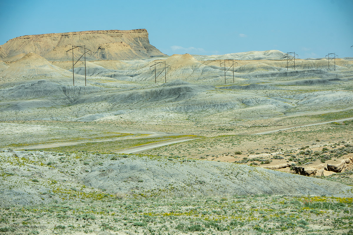 Spring scenery on cottonwood canyon road - gray buttes with yellow flowers.
