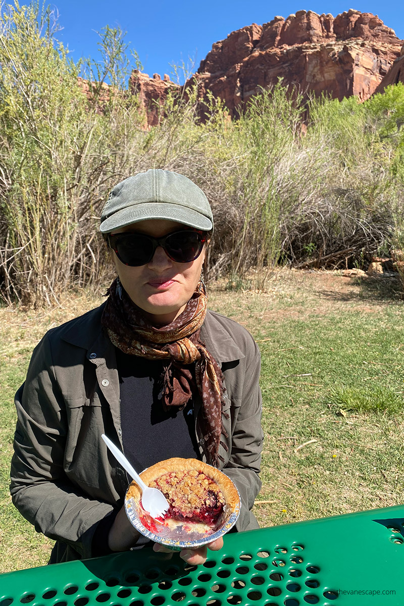Agnes Stabinska, the author, is eating pie at Gifford Homestead - one of the best family friendly activities in capitol reef.