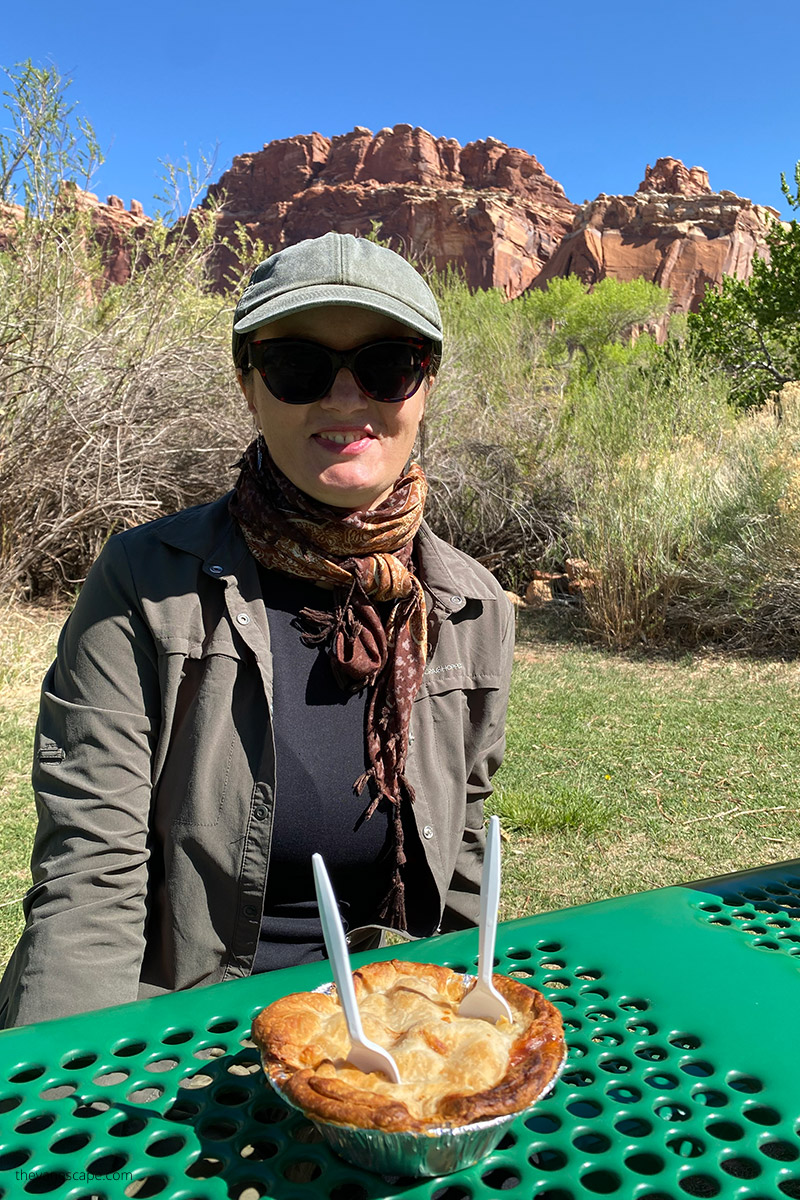 Happy Agnes Stabinska, the author, is eating pie in Gifford Homestead in Fruita.