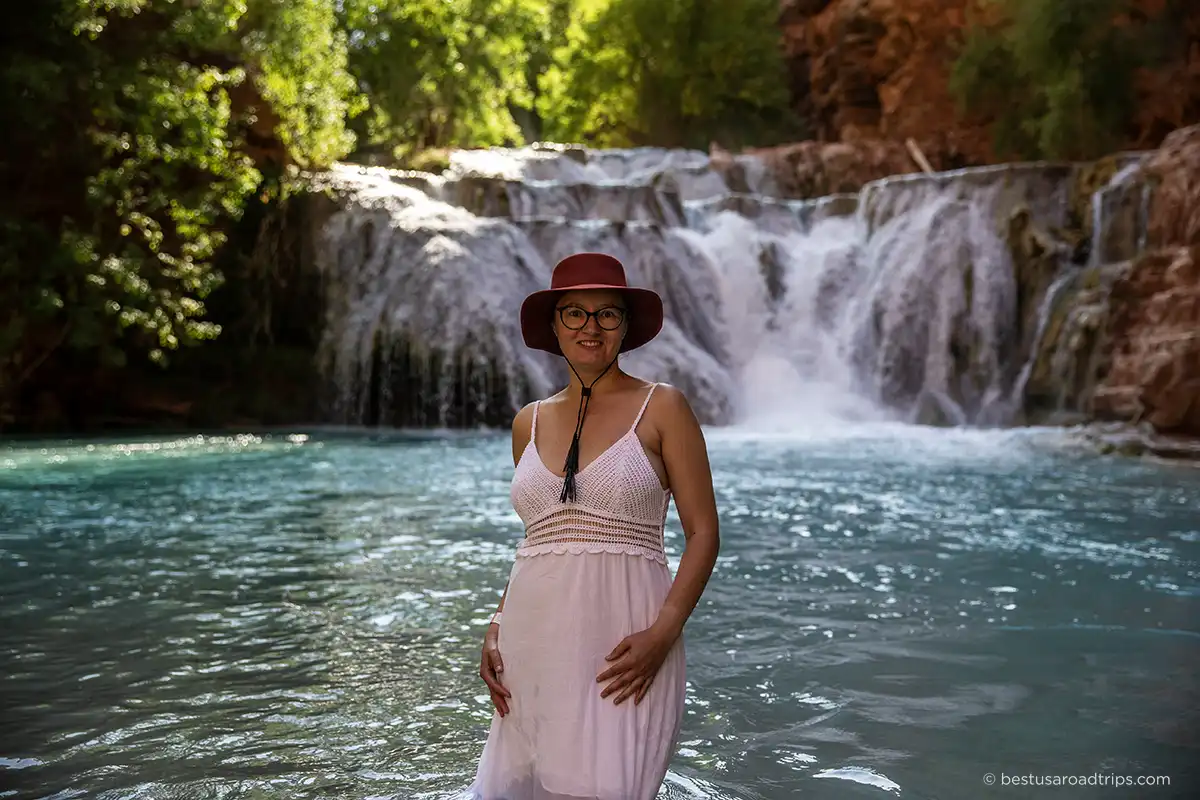 Agnes Stabinska, the author, in Havasu Creek near one of the Havasupai waterfalls.