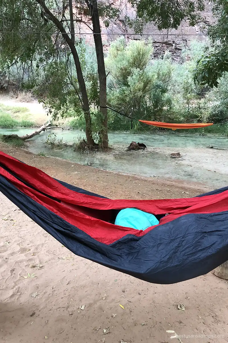 Hammocks hanging between trees at Havasupai campground along Havasu Creek.