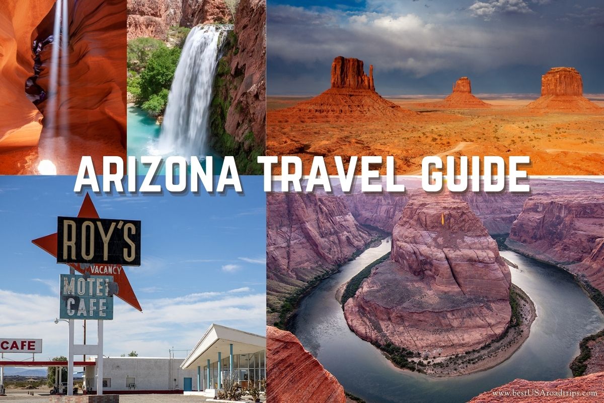 Arizona Travel Guide: photo collage with: Monument Valley during sunset, Horseshoe Bend, motel on Route 66 in Arizona, light beams in Upper Antelope Canyon and Havasupai Waterfalls.